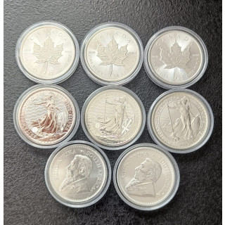 MIX Srebrne monety 1oz 1 uncja 999 8szt:Liść Brit Krugerand KRK