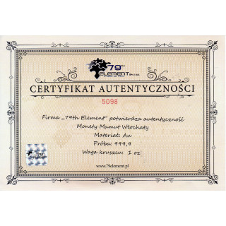 Złota moneta Giganci Epoki Lodowcowej: Mamut Włochaty,1 oz, 2019