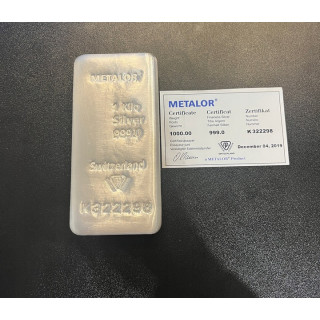 1kg sztabka srebra rafineria Metalor Szwajcaria LBMA AG 999