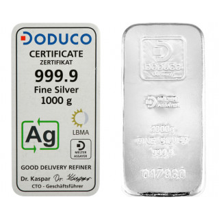 DODUCO Srebro 9999, Sztabka 1000 g, certyf. LBMA